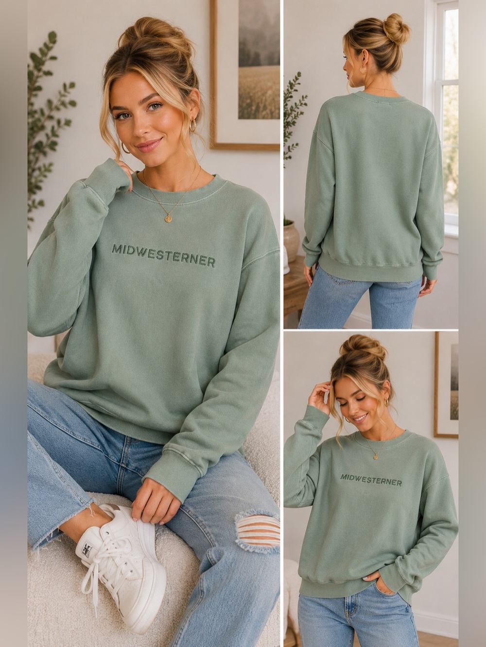 Jupmode Midwesterner Embroidered Crewneck Sweatshirt Sage Green 25417